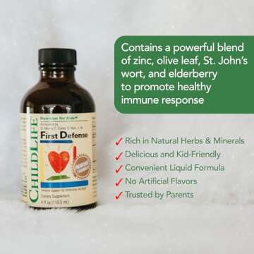 CHILDLIFE ESSENTIALS First Defense - Kids Immune Support, Immune Support for Kids, Toddlers 1-3, Babies 6 Months+, Vitamin Syrup with Elderberry, Zinc, Non GMO, Gluten Free - 4 Fl Oz (Pack of 1)