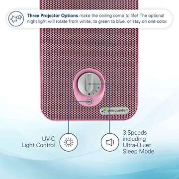 GermGuardian Air Purifier with HEPA Pure 13 Filter, Removes 99.97% of Pollutants, for Home, Small Rooms, Night Light Projector, V-C Light Helps Reduce Germs, Zero Ozone Verified, 11", Pink, AC4150