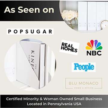 BLU MONACO Set of 6 White Foldable Magazine File Holders with White Leather Label Holders – Stylish Cardboard Desk Organizer & Magazine Storage for Workspace and Shelves