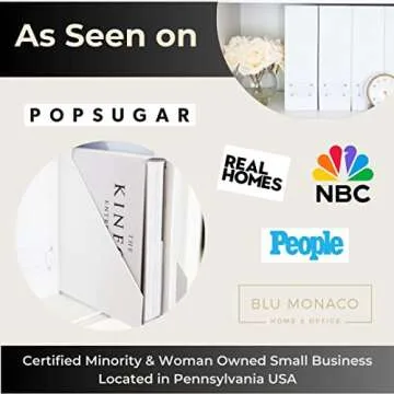 BLU MONACO Set of 6 White Foldable Magazine File Holders with White Leather Label Holders – Stylish Cardboard Desk Organizer & Magazine Storage for Workspace and Shelves