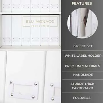BLU MONACO Set of 6 White Foldable Magazine File Holders with White Leather Label Holders – Stylish Cardboard Desk Organizer & Magazine Storage for Workspace and Shelves
