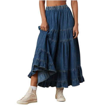 YEXPINE Women's Swing Chambray Maxi Skirt Elastic Waist Pleated Tiered Flowy Long Skirts Retro Denim...