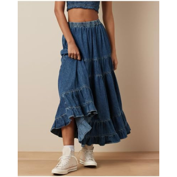 YEXPINE Women's Swing Chambray Maxi Skirt Elastic Waist Pleated Tiered Flowy Long Skirts Retro Denim Skirt