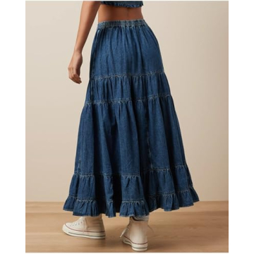 YEXPINE Women's Swing Chambray Maxi Skirt Elastic Waist Pleated Tiered Flowy Long Skirts Retro Denim Skirt