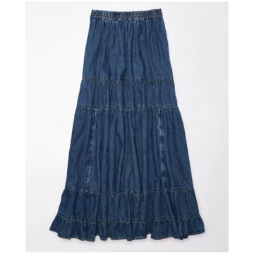 YEXPINE Women's Swing Chambray Maxi Skirt Elastic Waist Pleated Tiered Flowy Long Skirts Retro Denim Skirt