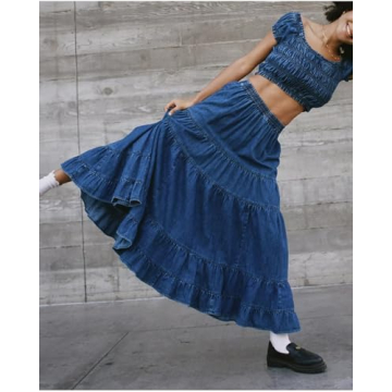 YEXPINE Women's Swing Chambray Maxi Skirt Elastic Waist Pleated Tiered Flowy Long Skirts Retro Denim Skirt