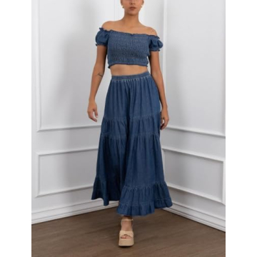 YEXPINE Women's Swing Chambray Maxi Skirt Elastic Waist Pleated Tiered Flowy Long Skirts Retro Denim Skirt
