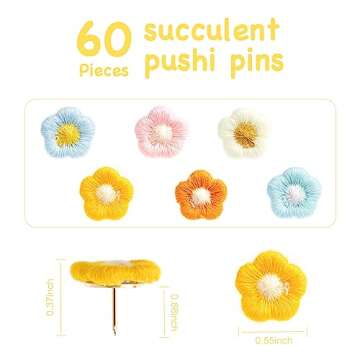 60 Pieces Decorative Pushpins Flower Thumb Tacks Decorative Florest Push Pin CorkBoard Florest Thumbtacks for Photo Wall,Featue Wall,Whiteboard,Cork Board,Map,Bulletin Board,Office or Home