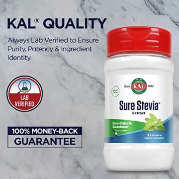 KAL Sure Stevia Extract Powder, Low Carb, Plant Based Stevia Sweetener, Great Taste, Zero Calories, Zero Sugar, Low Glycemic & Perfect for a Keto Diet, 60-Day Guarantee, Approx. 1820 Servings, 3.5oz