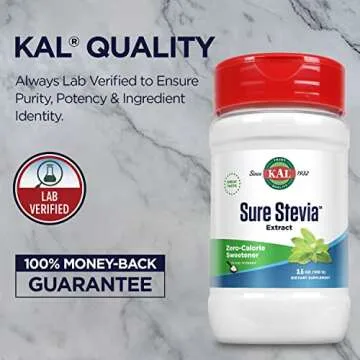 KAL Sure Stevia Extract Powder, Low Carb, Plant Based Stevia Sweetener, Great Taste, Zero Calories, Zero Sugar, Low Glycemic & Perfect for a Keto Diet, 60-Day Guarantee, Approx. 1820 Servings, 3.5oz