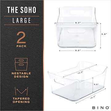 BINO | Plastic Storage Bins, Large - 2 Pack, Clear | THE SOHO COLLECTION | Pantry Organizers and Storage Containers Fridge Organizer Bins Kitchen Cabinet Organizer Medicine Cabinet Organizer Bin