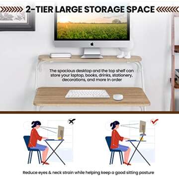 Tangkula 2-Tier Folding Desk w/Large Desktop & Top Shelf, No-Assembly-Required Laptop Table, Modern Computer Desk w/Metal Frame, Space-Saving Home Office Desk for Dorm, Apartment (Oak)
