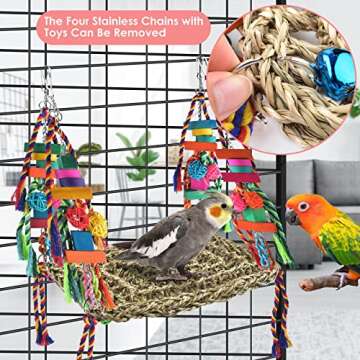 KATUMO Bird Toys, Bird Foraging Wall Toy Large Size Seagrass Woven Climbing Hammock Swing Mat with Colorful Chewing Toys for Lovebird, Parakeet, Budgie, Conure, Cockatiel, Small Birds