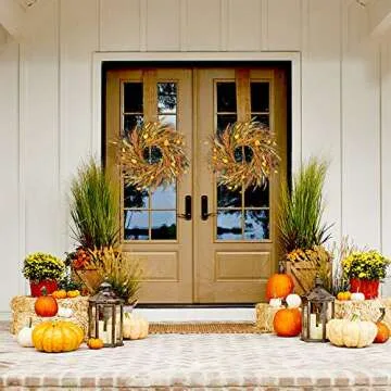 DearHouse 22 inch Fall Wreath Clearance Front Door Wreath Grain Wreath Harvest Gold Wheat Ears Circle Garland Autumn Wreath for Front Door Wedding Wall Home Thanksgiving Decor