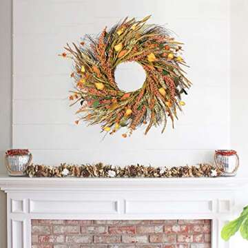 DearHouse 22 inch Fall Wreath Clearance Front Door Wreath Grain Wreath Harvest Gold Wheat Ears Circle Garland Autumn Wreath for Front Door Wedding Wall Home Thanksgiving Decor