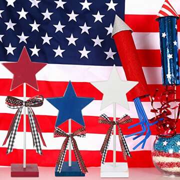 3 Pcs 4th of July Stars Decoration Patriotic Centerpieces Wooden Standing Star Block Memorial Day De...