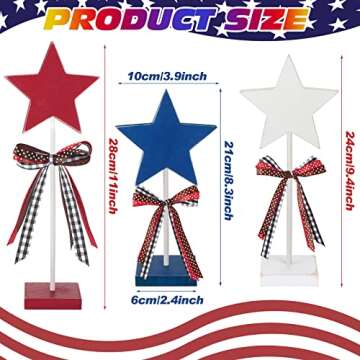 3 Pcs 4th of July Stars Decoration Patriotic Centerpieces Wooden Standing Star Block Memorial Day Decoration Rustic Independence Day Centerpieces for American Festival Home (Cute Style)