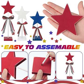 3 Pcs 4th of July Stars Decoration Patriotic Centerpieces Wooden Standing Star Block Memorial Day Decoration Rustic Independence Day Centerpieces for American Festival Home (Cute Style)
