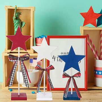3 Pcs 4th of July Stars Decoration Patriotic Centerpieces Wooden Standing Star Block Memorial Day Decoration Rustic Independence Day Centerpieces for American Festival Home (Cute Style)