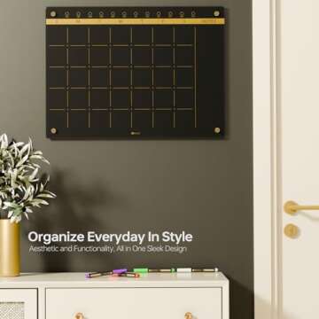 Black Glass Golden Monthly Dry Erase Calendar Whiteboard for Wall, 17" x 23", Frameless Large Planne...