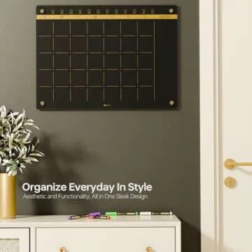 Black Glass Golden Monthly Dry Erase Calendar Whiteboard for Wall, 17" x 23", Frameless Large Planne...