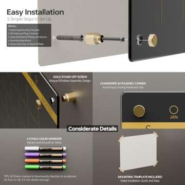 Stylish Black Glass Golden Monthly Dry Erase Board