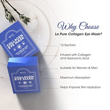 LA PURE Collagen Boosting Eye Mask Patches Under Eye Patches for Puffy Eyes Hyaluronic Acid Dark Circles Bags Lines Anti Wrinkles Anti Aging Hydrating Moisturizing Brightening Eye Gels 15ct
