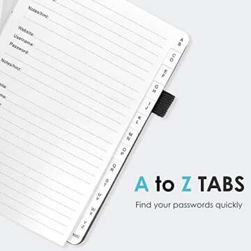Elegant Password Book with Alphabetical Tabs - Hardcover Password Book for Internet Website Address Login - 5.2" x 7.6" Password Keeper and Organizer w/Notes Section & Back Pocket (Black)