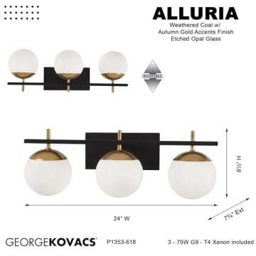 GEORGE KOVACS P1353-618 Alluria Vanity Bath Light, 3-Light, 225 Total Watts, 8.5-in H x 24-in W, Weathered Black with Autumn Gold