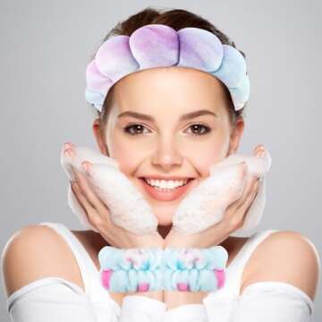 Zkptops Spa Headband for Washing Face Wristband Set Sponge Makeup Skincare Velvet Fabric Bubble Soft...