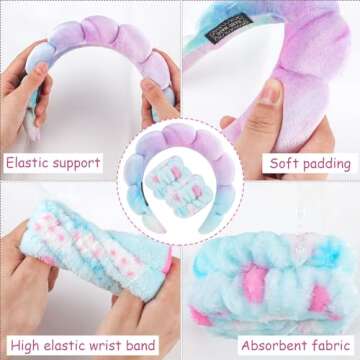 Zkptops Spa Headband for Washing Face Wristband Set Sponge Makeup Skincare Velvet Fabric Bubble Soft Get Ready Hairband for Women Puffy Padded Headwear Non Slip Thick Hair Accessory(Bluish Violet)
