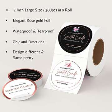 Mobiusea Creation Candle Label Roll | 300pcs Rose Gold Labels for Candle Making Supplies, Tins, Cont...
