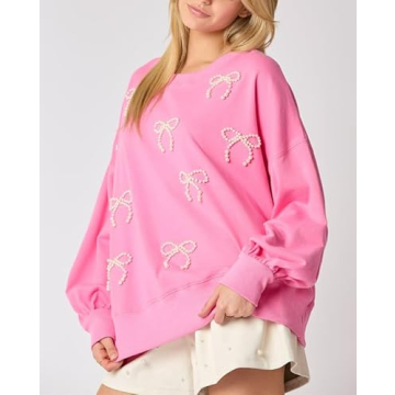 Y2k Pearl Bow Sweatshirt for Women Oversized Long Sleeve Pullover Shirt Fairycore Grunge Going Out Jumper Tops (Pink, L)