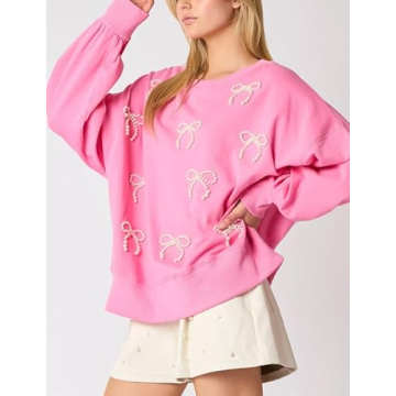 Y2k Pearl Bow Sweatshirt for Women Oversized Long Sleeve Pullover Shirt Fairycore Grunge Going Out Jumper Tops (Pink, L)