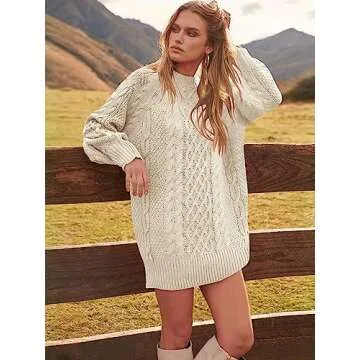 ANRABESS Women Long Sleeve Oversized Cable Knit Chunky Baggy Loose Pullover Tunic Mini Sweater Dress 2025 Trendy Fall Outfits Beige X-Small