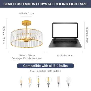 VIOLOEMI Modern Gold Semi Flush Mount Ceiling Light Crystal 3-Light Light Fixture 15.75 Inch Kitchen...