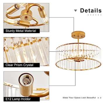 VIOLOEMI Modern Gold Semi Flush Mount Ceiling Light Crystal 3-Light Light Fixture 15.75 Inch Kitchen Ceiling Lighting for Living Room Bedroom Dining Room Bathroom Entryway (Bulb Not Included)