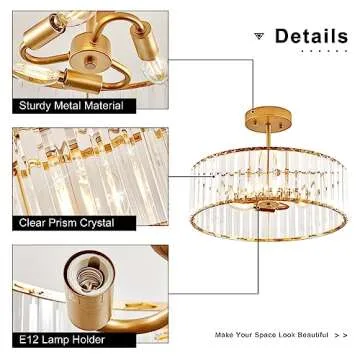 VIOLOEMI Modern Gold Semi Flush Mount Ceiling Light Crystal 3-Light Light Fixture 15.75 Inch Kitchen Ceiling Lighting for Living Room Bedroom Dining Room Bathroom Entryway (Bulb Not Included)