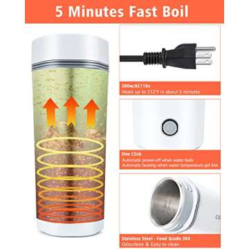 Travel Kettle Electric Water Boiler - 5 Minutes Fast Boil Powered Heater, 110v Portable Bottle Warmer, Automatic Shut-off, Small Capacity Instant Brewing for Tea, Coffee, Milk, On The Go ( White, 11.8 Ounce)…