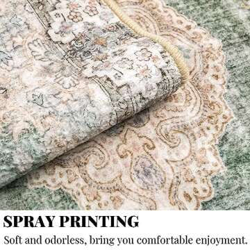 MUJOO Green Rug 6'x9' Area Rugs for Living Room Washable Rugs Large Boho Carpet for Bedroom Dining Room Neutral Vintage Farmhouse Abstract Non Slip Soft Low-Pile Floral Flowers