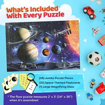 Solar System Spy Puzzle with Flashcards and Magnifying Glass 48 Piece Space Floor Puzzle for Kids Ages 4 to 8 Large 2ft x 3ft Educational Puzzles for Boys and Girls