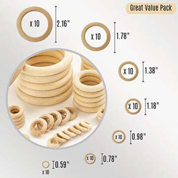 NNHOM 70 Pieces Wooden Rings for Macrame,Wood Rings for Crafts,7 Sizes Macrame Rings Wood Circles fo...