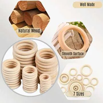 NNHOM 70 Pieces Wooden Rings for Macrame,Wood Rings for Crafts,7 Sizes Macrame Rings Wood Circles for DIY Craft, Ring Pendant and Connectors Jewelry Making