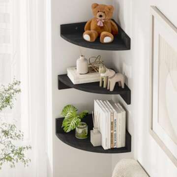 Alsonerbay Black Corner Shelf Wall Mount, Set of 3 Floating Shelves for Wall Storage and Display, Ru...