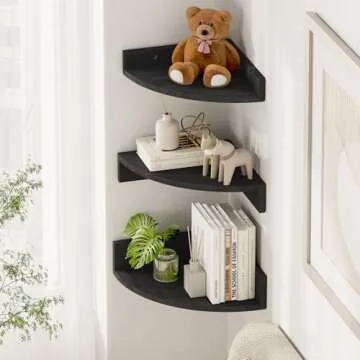Alsonerbay Black Corner Shelf Wall Mount, Set of 3 Floating Shelves for Wall Storage and Display, Ru...