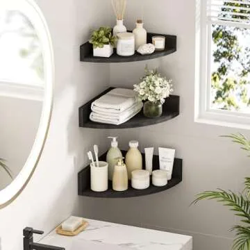 Alsonerbay Black Corner Shelf Wall Mount, Set of 3 Floating Shelves for Wall Storage and Display, Rustic Wall Shelves Wood Shelves for Bedroom, Living Room, Bathroom, Entryway, Garage