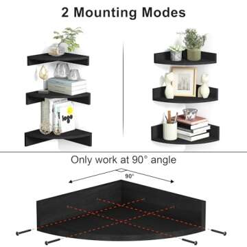Alsonerbay Black Corner Shelf Wall Mount, Set of 3 Floating Shelves for Wall Storage and Display, Rustic Wall Shelves Wood Shelves for Bedroom, Living Room, Bathroom, Entryway, Garage