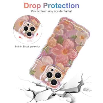 Jusy Oil Painting Flower Compatible with iPhone 15 Pro Case, Colorful Retro Floral Cute Curly Wave F...