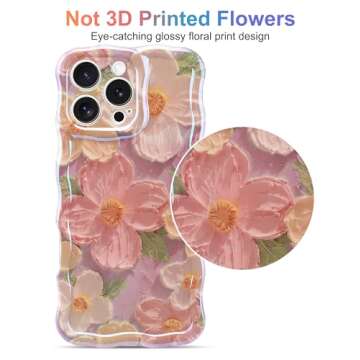 Jusy Oil Painting Flower Compatible with iPhone 15 Pro Case, Colorful Retro Floral Cute Curly Wave Frame Women Girls Cover for Apple 15 Pro (Pink)