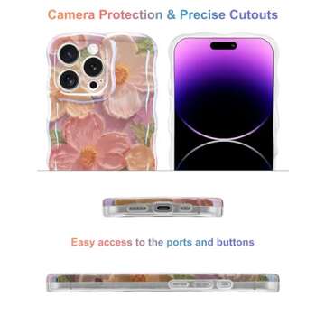 Jusy Oil Painting Flower Compatible with iPhone 15 Pro Case, Colorful Retro Floral Cute Curly Wave Frame Women Girls Cover for Apple 15 Pro (Pink)